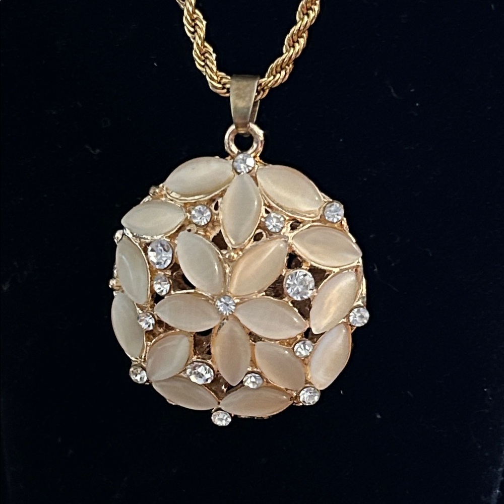 Gold-Tone Cream Floral Pendant Necklace with Crystal Accents